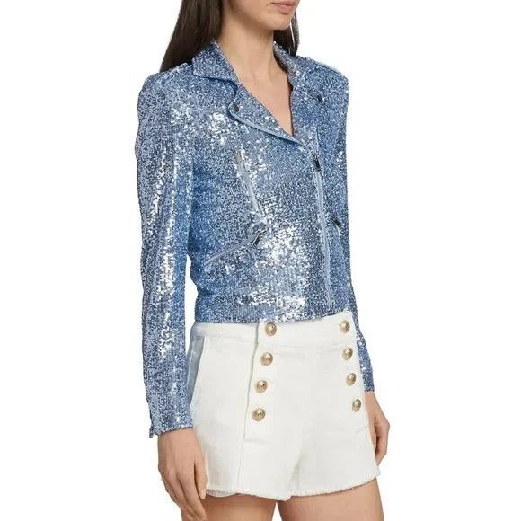 Generation Love Robin Sequined Moto Jacket Zip Up‎ Long Sleeve Chambray XS $395 - Picture 1 of 7